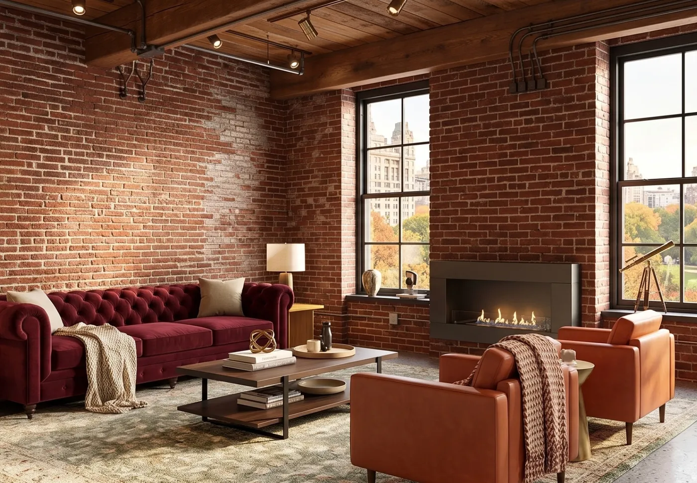 Loft living room with exposed brick walls, a linear fireplace, a burgundy sofa and leather armchairs beneath tall windows