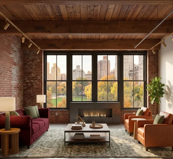 Loft living room under a timber ceiling, facing a wall of tall windows over treetops and the city