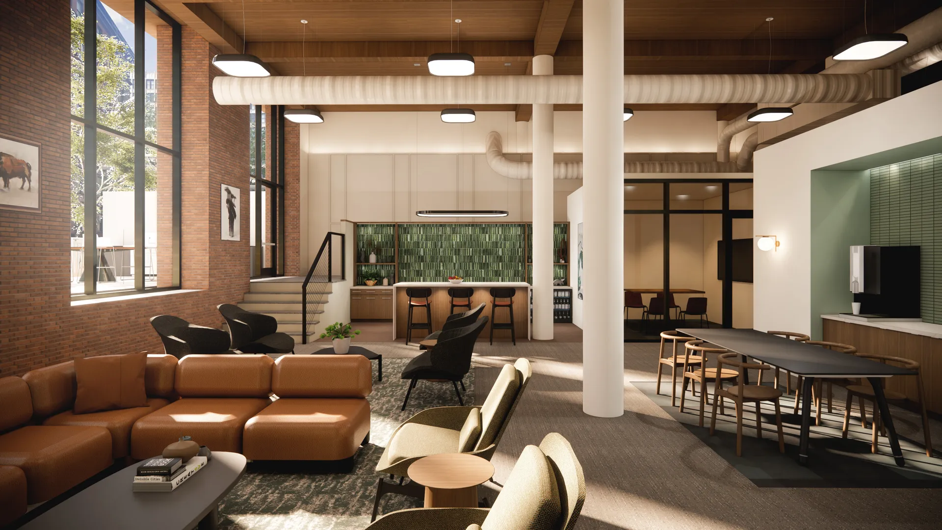 Cordovan’s resident lounge: leather sofas and lounge chairs under tall windows, exposed brick and ductwork, with a tiled coffee bar beyond